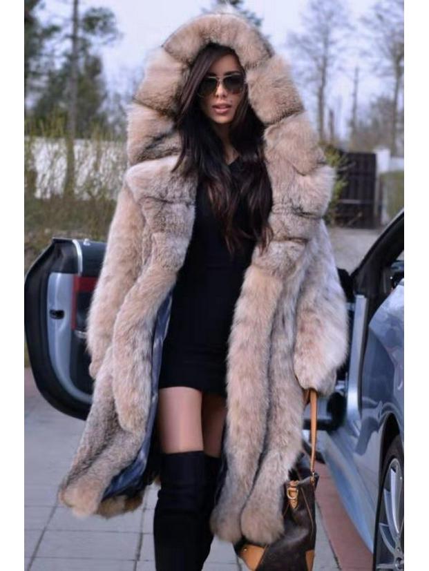 2023 Women's Mid-Length Hooded Faux Fur Coat - European & American Style for Autumn/Winter
