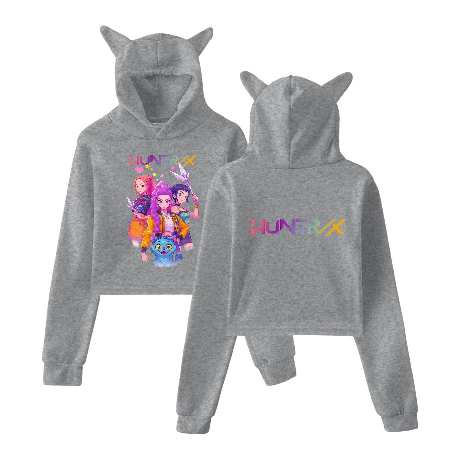 

Kpop Demon Hunters Толстовка для девочек с кошачьими ушками, с длинным рукавом, укороченные топы 2025 Аниме KPop Demon Hunters Харадзюку Толстовка с капюшоном XXS серый