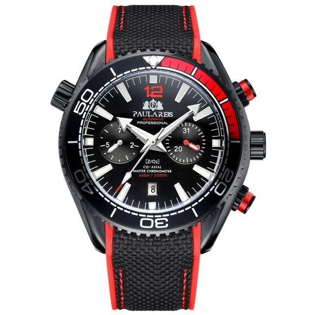 PAULAREIS Masculino Automático Auto Vento Mecânico Pulseira de Borracha de Lona Laranja Azul Vermelho Multifuncional Data Mês Relógio