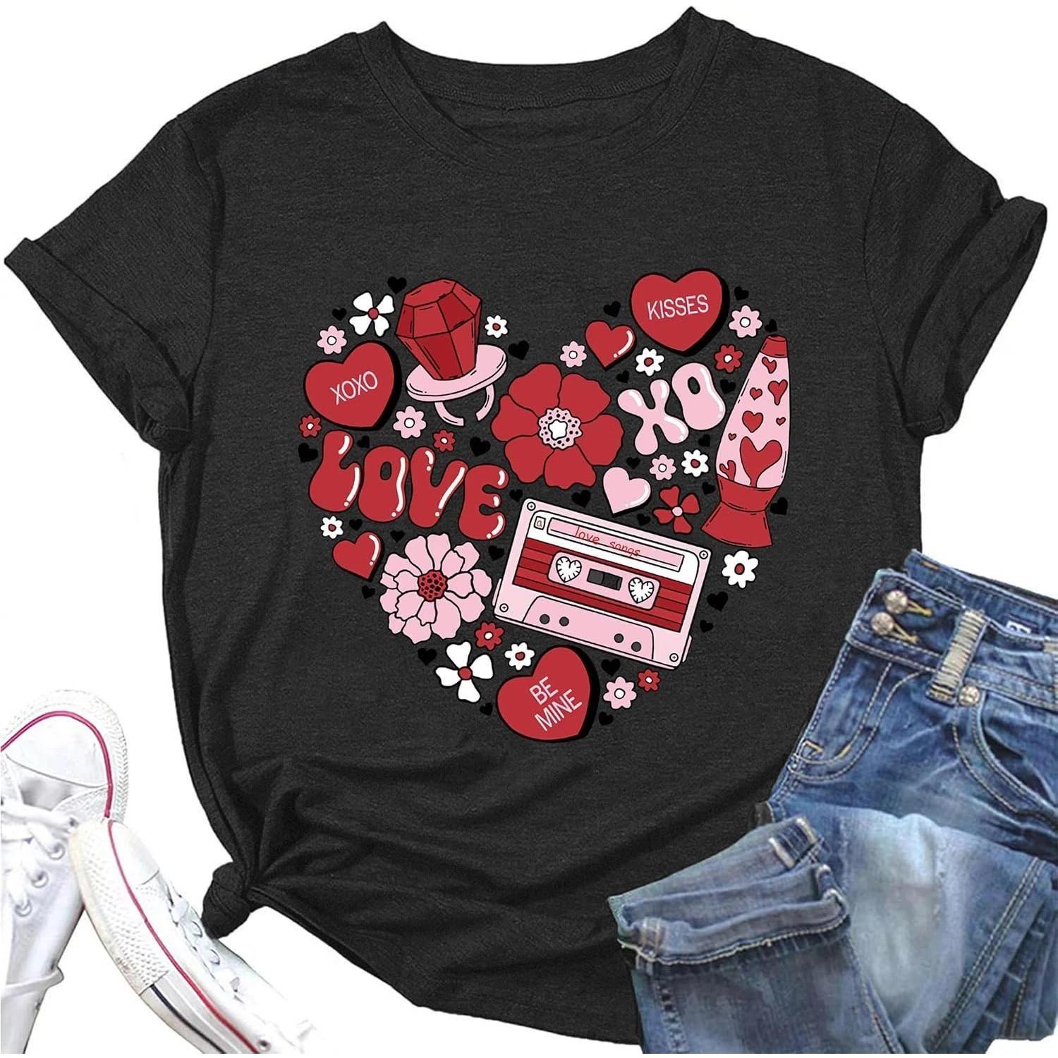 Valentine Shirts for Women Love Heart Graphic Tees Tops Cute Valentines Shirt XXL