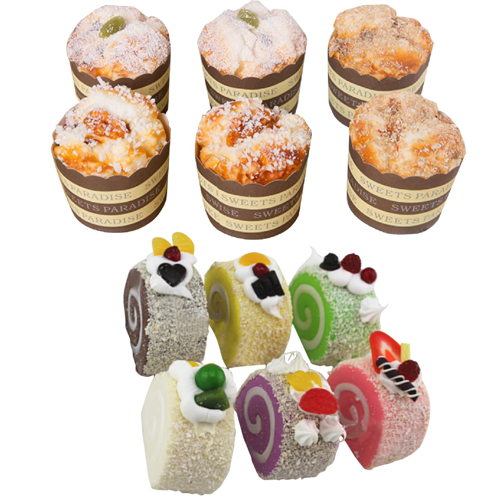 

Famimueno Cupcake Roll Cake Sweets Food Sample Model Realistic Display Cupcakes 6 Roll (Multicolor/6 + Cakes)