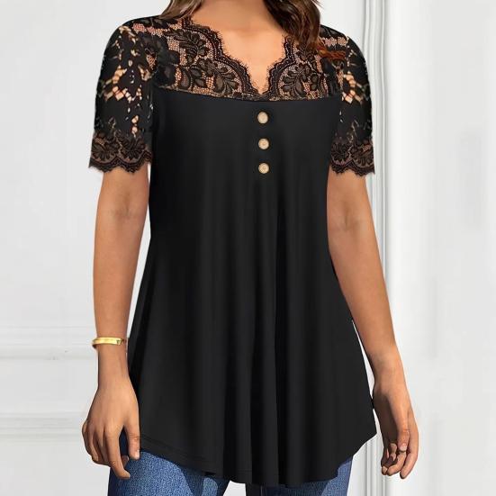 Women Tops Deep V Neckline Short Sleeve Pullover Lace Splicing Tops Pure Color Loose Hem Anti-Wrinkle