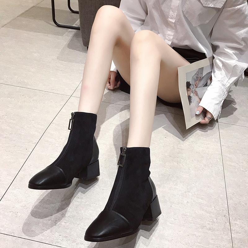Women's Fashion Mid Boots Fashionable Boots with Front Zipper Thick Heel Suede Midsole Boots Leather Shoes Women's Shoes 35-40