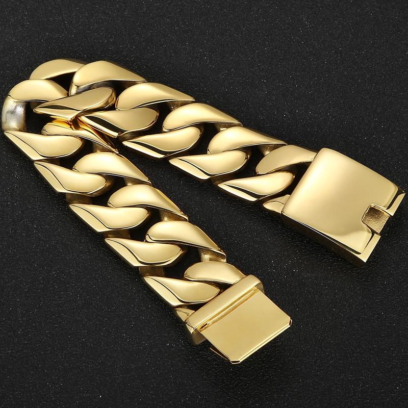 Lyxigt guld färgat armband i rostfritt stål för män 24 mm brett pansarlänk herrarmband klassiska smycken för handleden armband