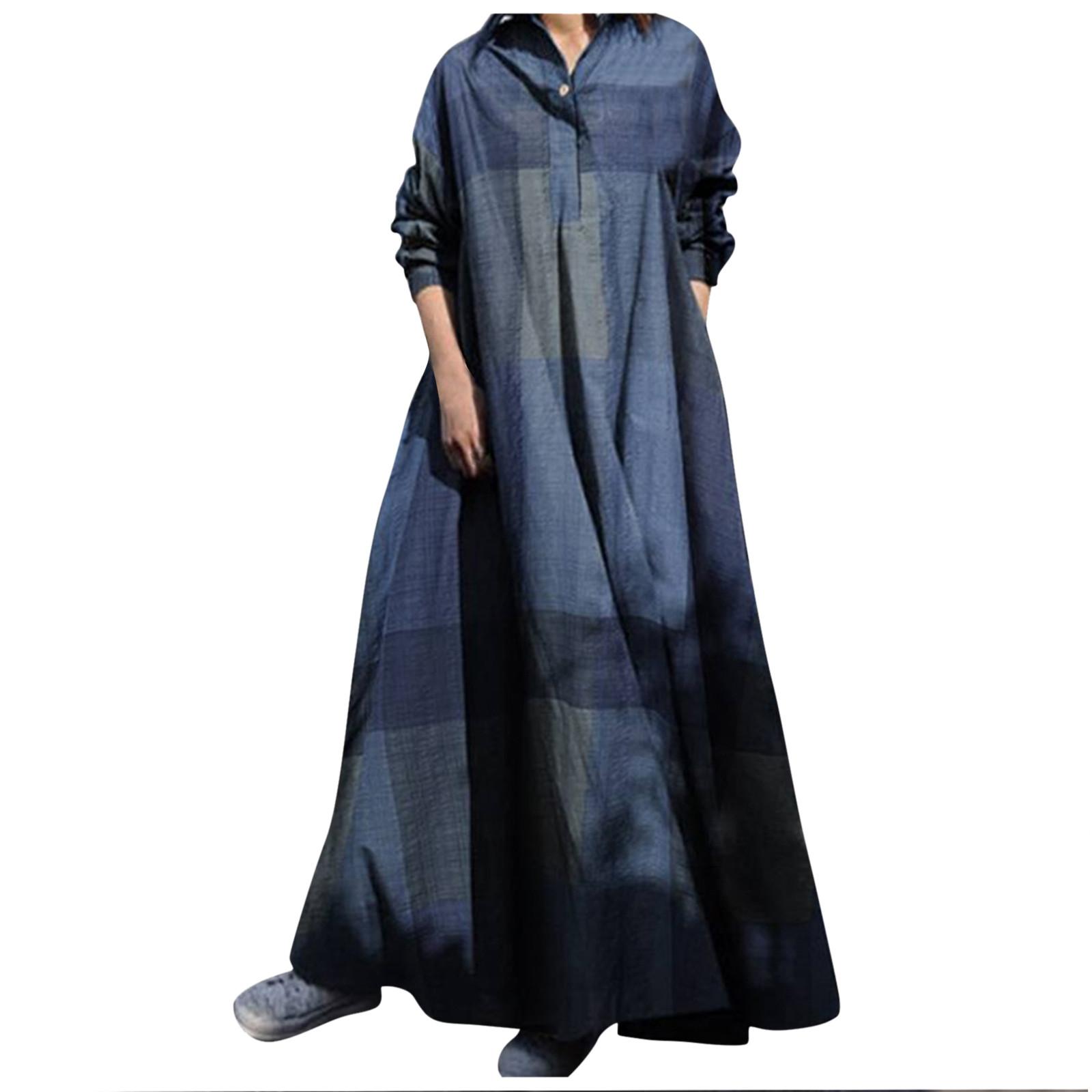 

(SU)Women Casual Long Sleeve Pocket Lattice Color Button Neck Shirt Dress