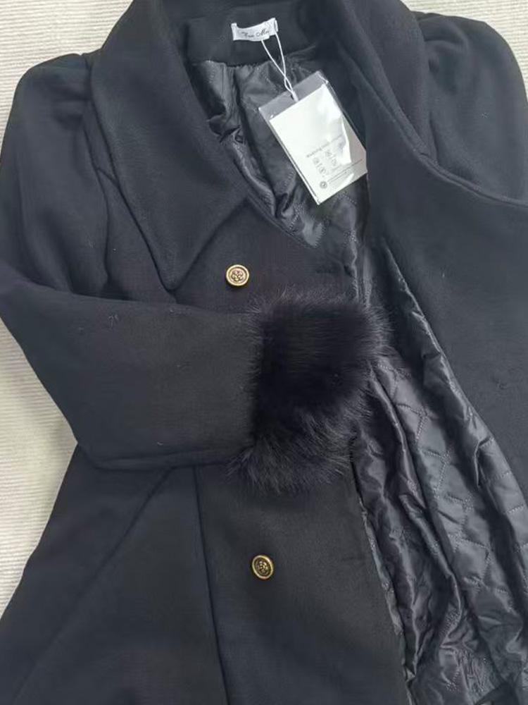Winter Hepburn Black Fur Collar Woolen Coat French Style Vintage Blends Slim Mid-length Outwear Elegant Lolita Warm Outfits New