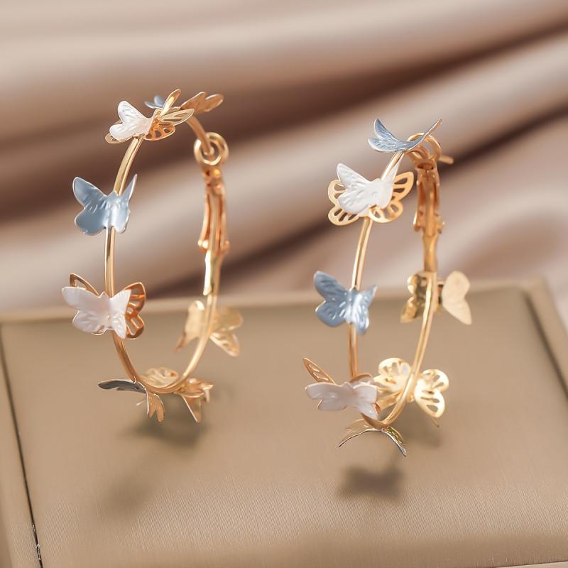 Women's Fashion Earrings Hollow Multilayer Butterfly Design Light Luxury Hoop Earrings Pink White Alloy Electroplated Elegant Party Jewelry Gift