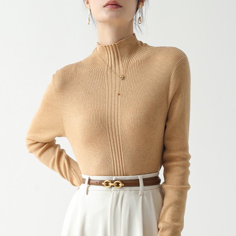 Autumn Long Sleeve Casual Base Knitted Women's Sweater Winter Thin Half High Collar Pullover Sweaters Women Solid Slim Female Knitwear Jumpers 25816
