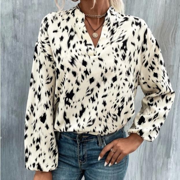 

QICED весна осень леопардовый принт модный полиэстеровый пуловер длинный рукав V-образный вырез свободный тип женская рубашка S
