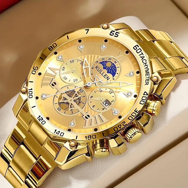 

Men s sports timing quartz watch - sub dial, date window, elegant gold and black case, suitable for casual and formal clothing золотий