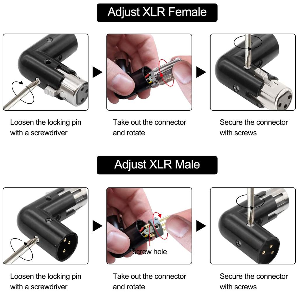 Xiatiaosann XLR Angle Adapter 3 Pin Dual Male Female Connector 90 Degree Adjustable 4 Different Angle Right Left Plug Socket Mixer Microphone Audio