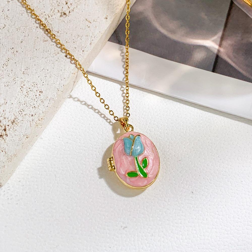 Opening and Closing Lid Photo Locket Pendant Necklace Titanium Steel Glazed Flower Choker Girl