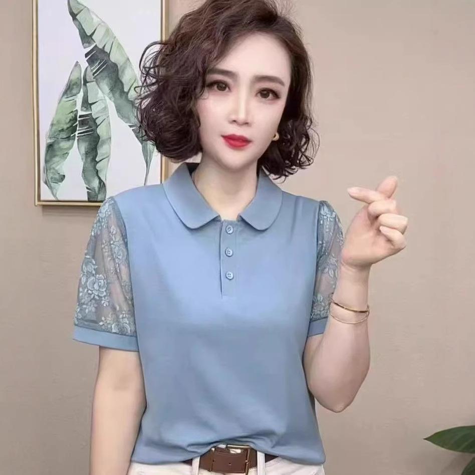 

POLO collar short-sleeved T-shirt women s summer casual loose large size lapel solid color top versatile 4XL синій