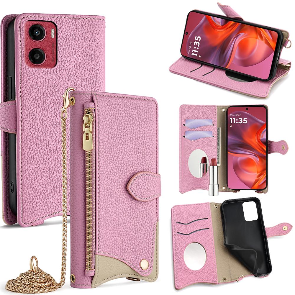 

For Motorola Moto G05 4G Wallet Case Fishtail Design Leather Phone Cover with Mirror/Stand/Strap Pink