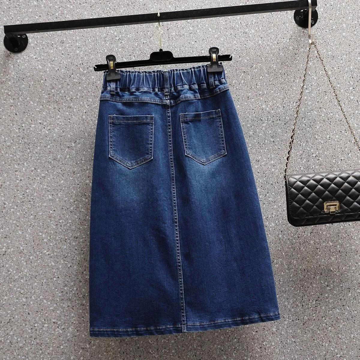 

Summer Women Elastic Waist Denim Skirts Korean Style Elegant Oversized High Waist Slit Skirts Mid Length Ladies Skirts S синий