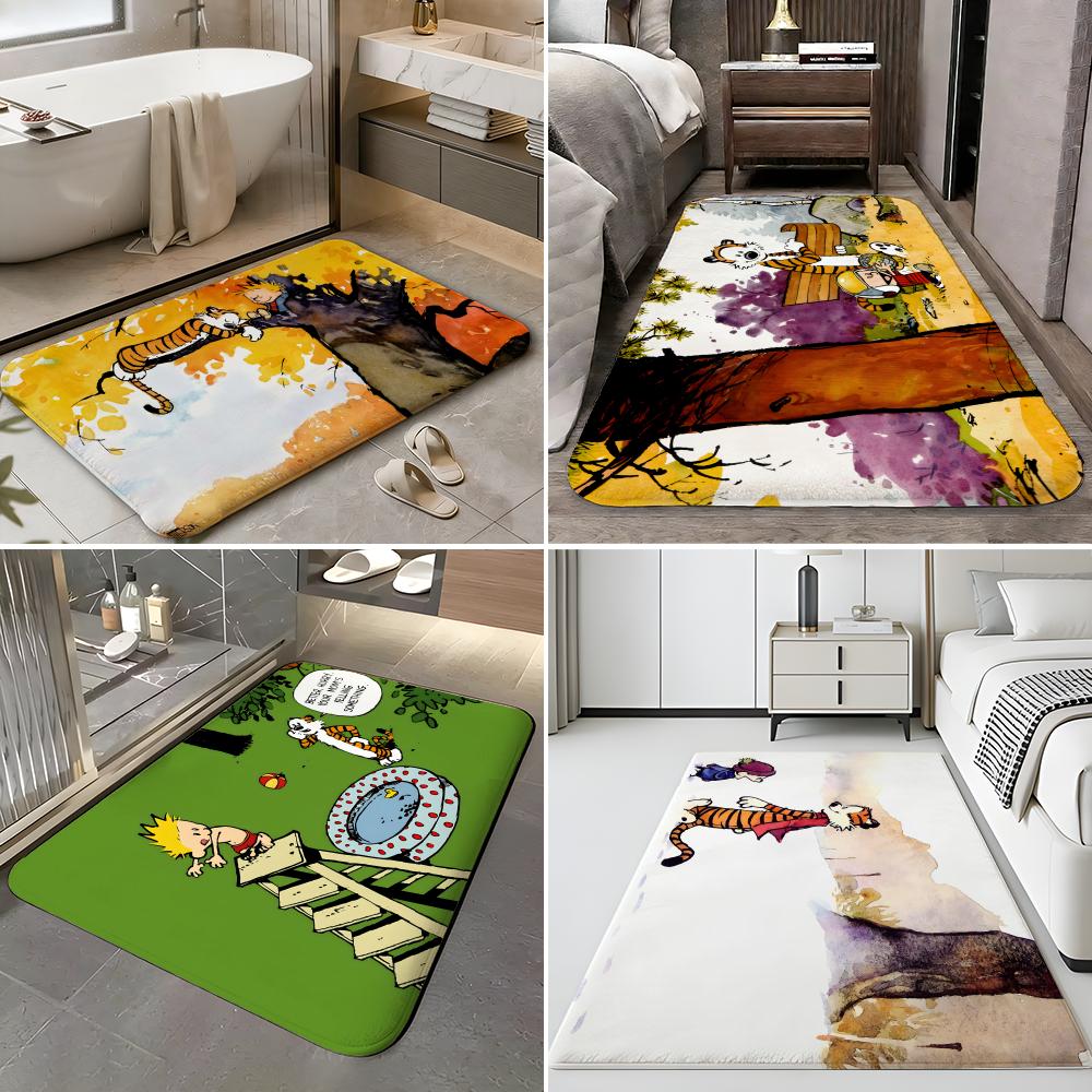 C-Calvin Und Hobbes Selbstklebende Kunst Bodenmatte Weiche Flanell Eingangstür Matte Rutschfest Saugfähig Badezimmer Schlafzimmer Bodenteppich