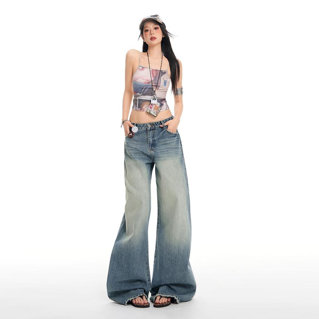 Spring Summer Vintage Classic 3D Cut Washed Saber Cut Wide Leg Denim Pants For Women Casual Pants Oversize Denim Trousers