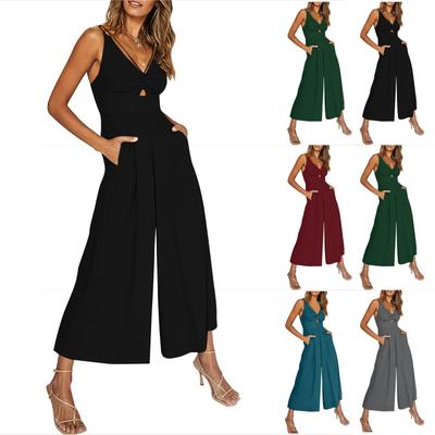 Women's Casual Sleeveless Suspender Jumpsuit With Pocket Open Back Solid Color Jumpsuit