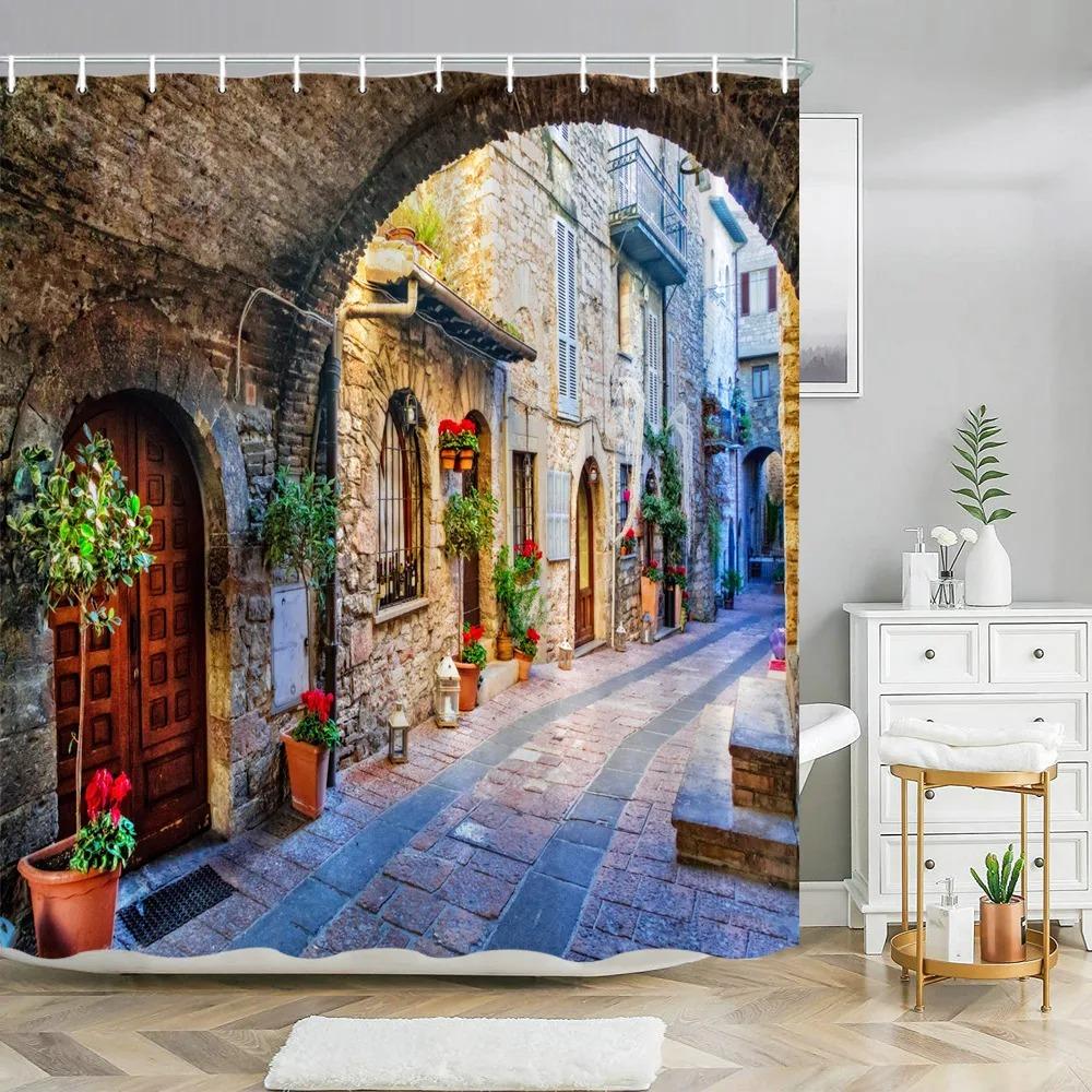 

Уличный Пейзаж Здания Занавеска для Душа Цветок Растение Ретро Старая Дверь Летний Сельский Пейзаж Занавеска для Ванной Комнаты Фон Настенный Декор 90x180cm