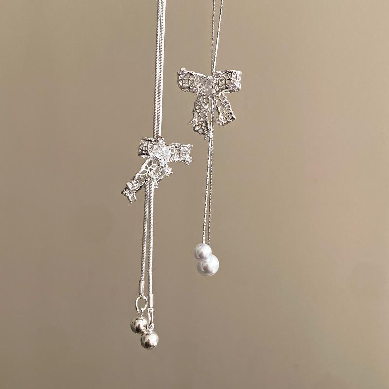 Girly Thoughts Zircon Bow & Pearl Tassel Clavicle Necklace - Stylish & Sweet Fashion for Women