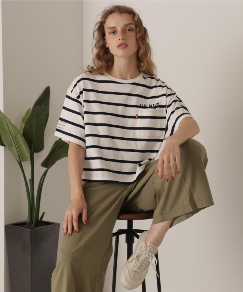 Avirex NAVAL POCKET SHORT Navy Size F Women's T-SHIRT, Striped, 122, 783-5935601