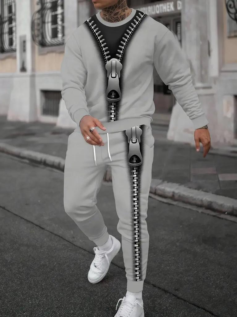 Men's Trendy Gradient Color Paris Letter 3D Print T-shirt Pants Set For Men Fashion Outdoor Long Sleeved Pullover Jogging Outfit