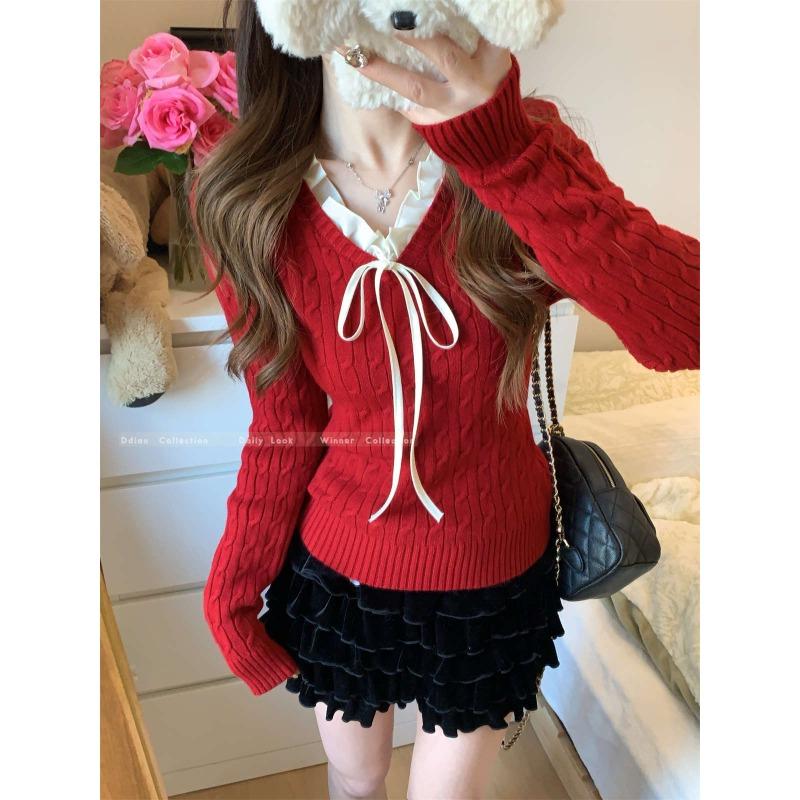 Bow lace-up v-neck twist knitted sweater pullover christmas red sweater women's autumn bottoming top
