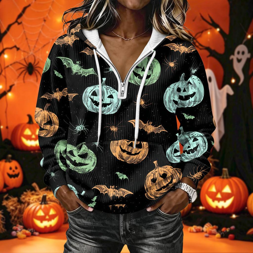 Women's Halloween Print Long Sleeve Hoodie Pullover Sweatshirt