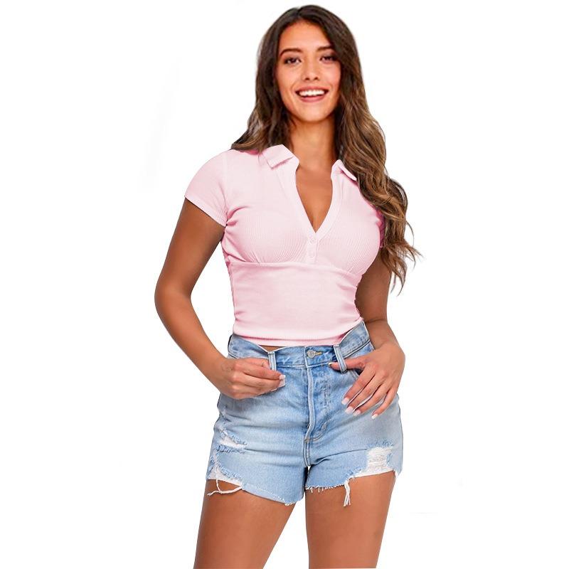 IHUASU Women's Fashion Casual Solid Color Print V-Neck Short Sleeve Blouses & Shirts