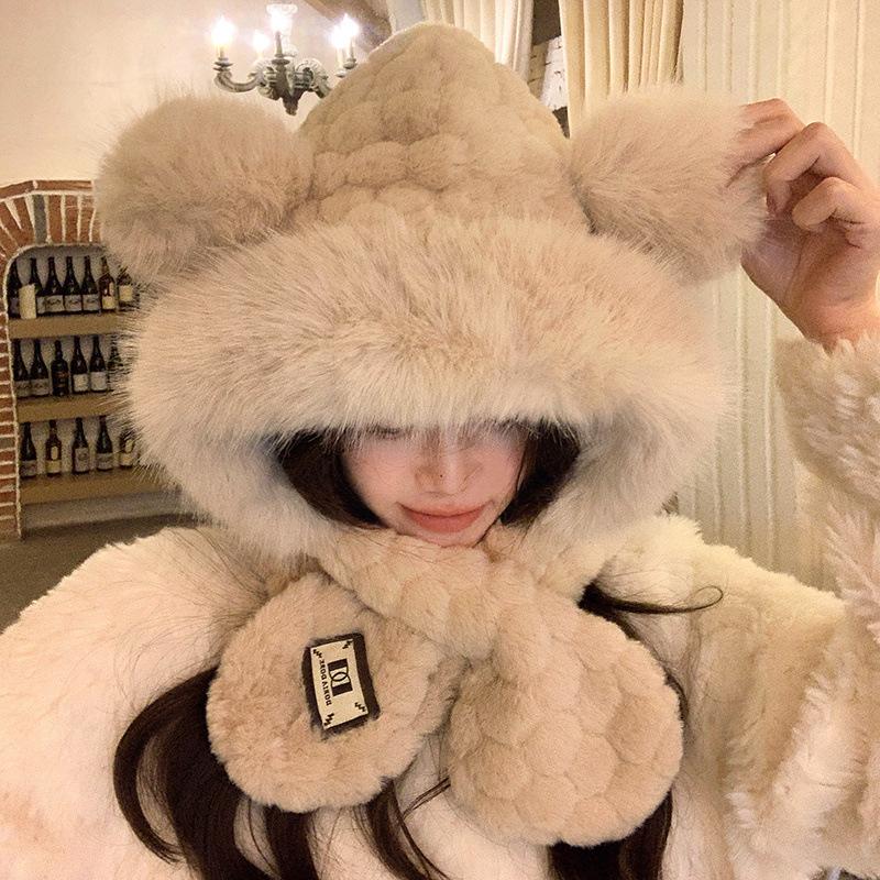 Bear Plush Hat Scarf Integrated Female Winter Cute Furry Face Small Thickened Warm Ear Protector Lei Feng Hat