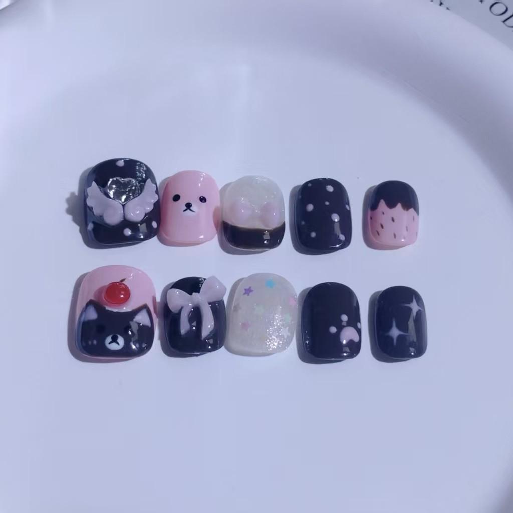 Hand-Painted Rilakkuma 3D Wings Nail Art with Star Sequins & Bow - Cute Short Wearable Nails Large