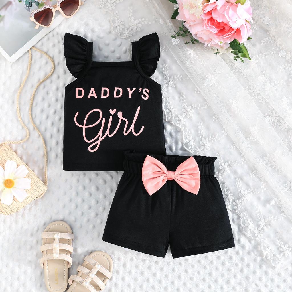 Alphabet Print Top Bow Shorts Daily Casual Suit Comfortable Clothing Sets Girls