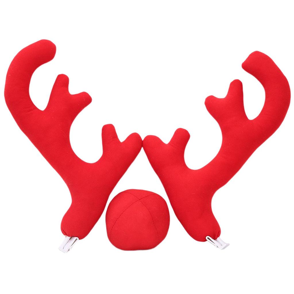 Xmas Reindeer Antlers with Red Nose Car Ornament Set Holiday Accessory Premium Material Lovely for Grille and Window Decoration