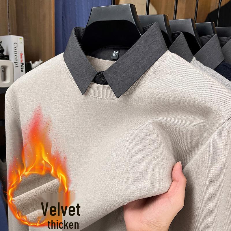 Men's Two-in-One Fleece-Lined Knit Sweater with Shirt Collar for Autumn/Winter