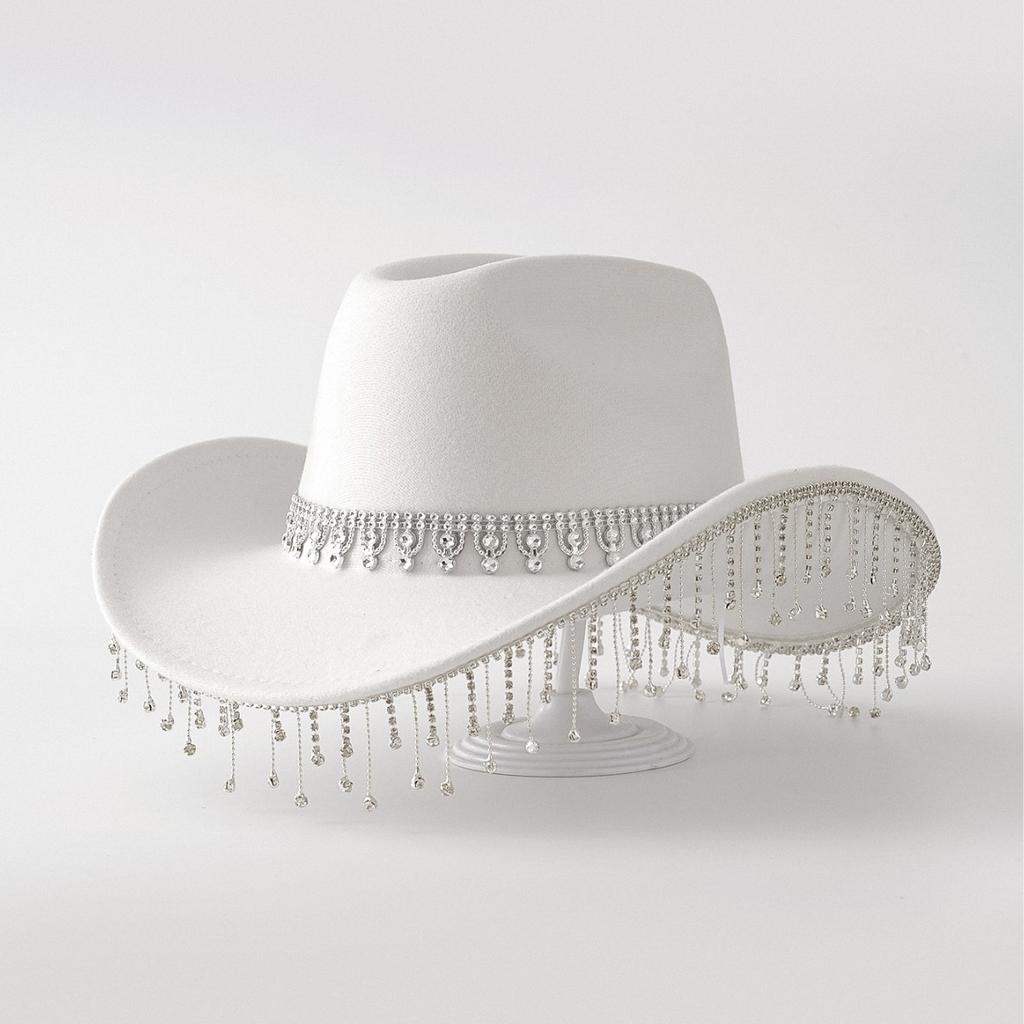 Western Cowboy Hat Water Drop Gem Medium Chain with Rhinestone Tassel Bridal Hat Vacation Party Felt Hat