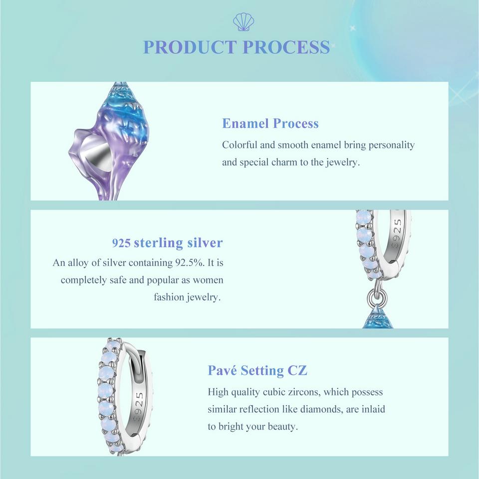 BAMOER 925 Sterling Silver Dreamy Gradual Change Blue Conch Ear Buckles Sea Shell Drop Earrings for Women Ocean Series Jewelry