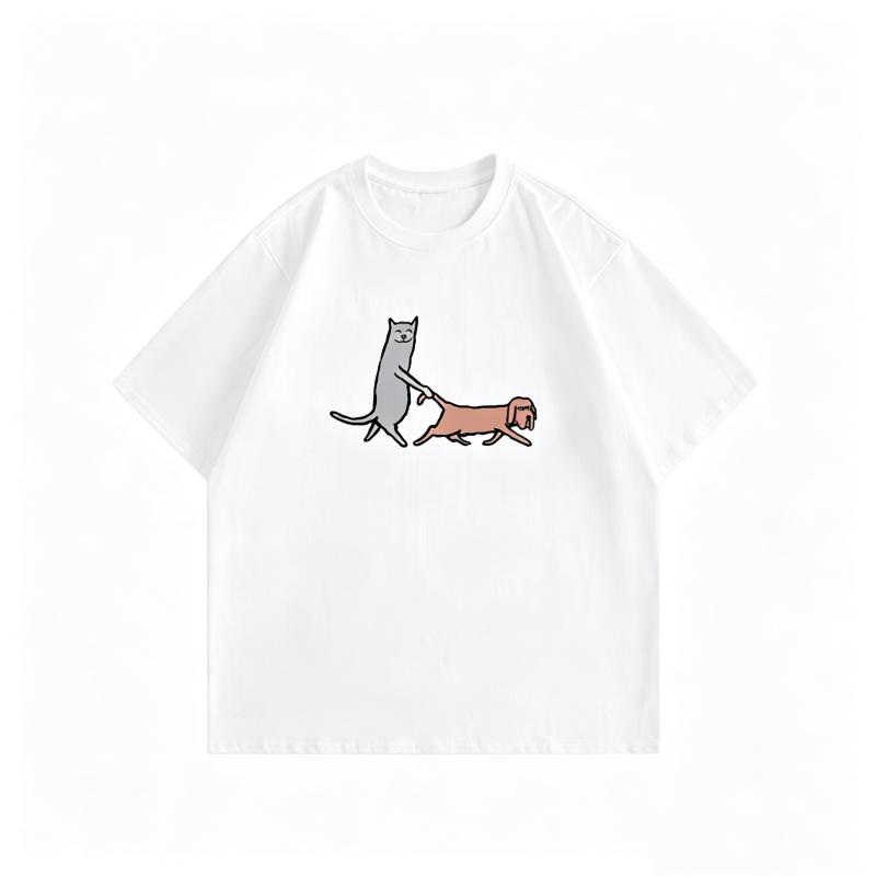 ZAZOMDE Graphic Tee Cute Sketch Cat and Dog Pattern Soft Cotton Oversized TShirts Unisex Summer Aesthetic Streetwear Daily Outfit