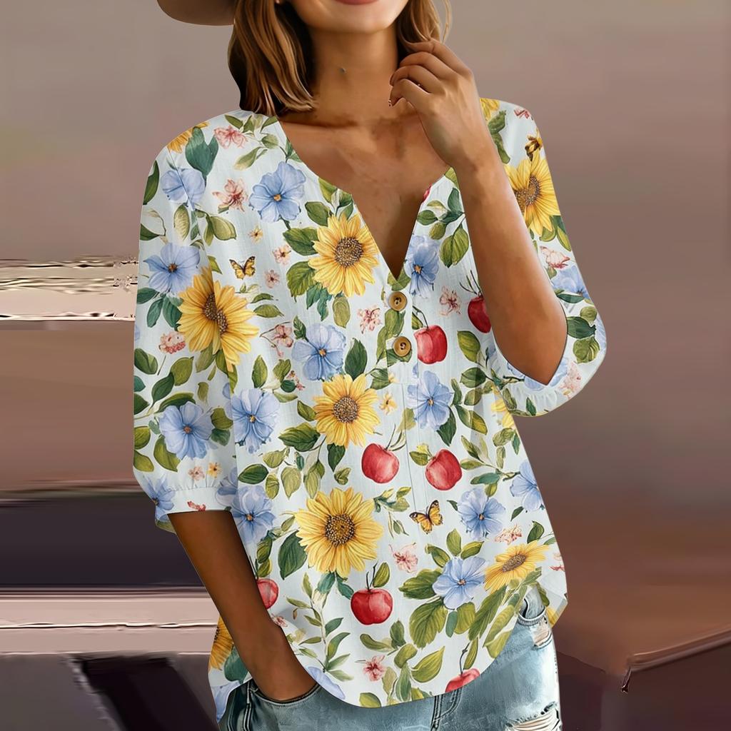 Women’s Casual Floral Print Henley Neck 3/4 Sleeve Cotton Linen Shirt with Button Front Loose Fit Blouse for Spring Summer Wear