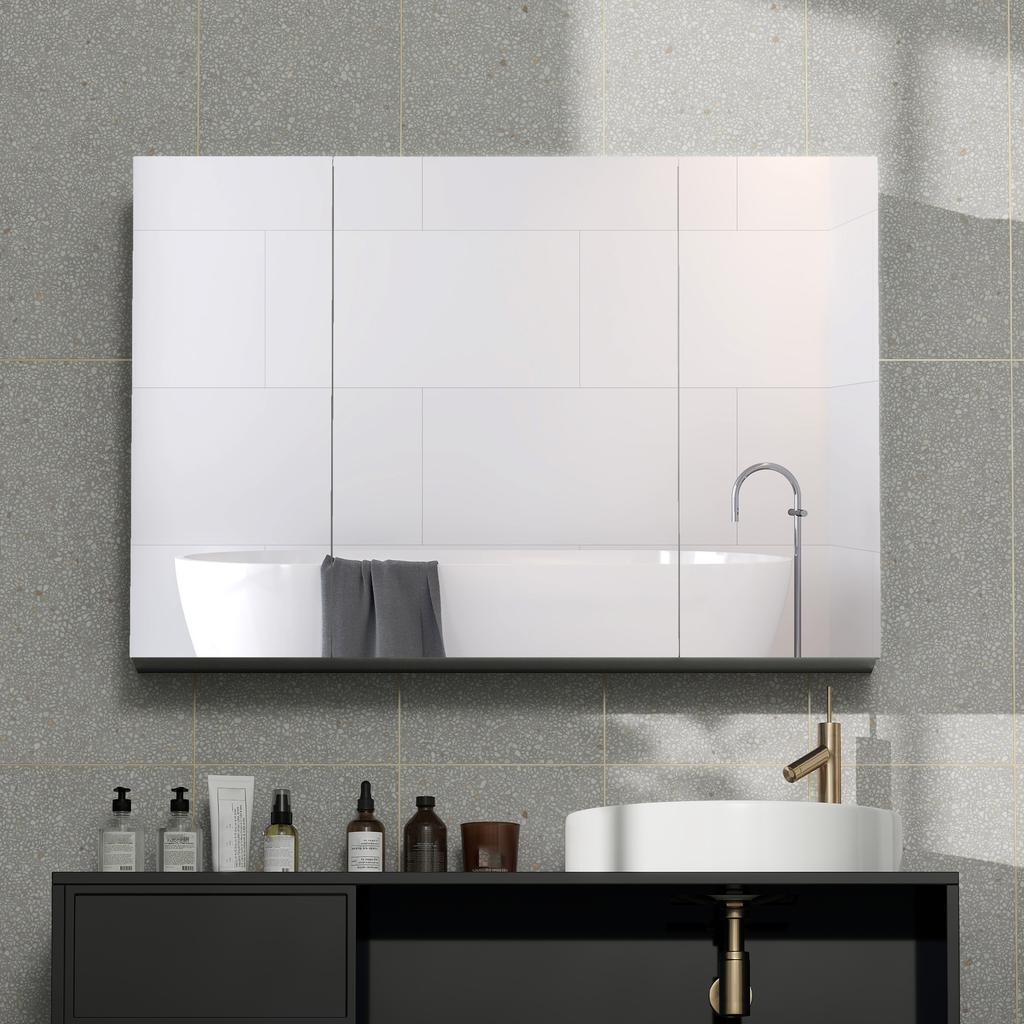 Bathroom Wall Cabinet, 3 Mirrored Doors, Adjustable Shelves, MDF, 90 x 15 x 60 cm, Grey