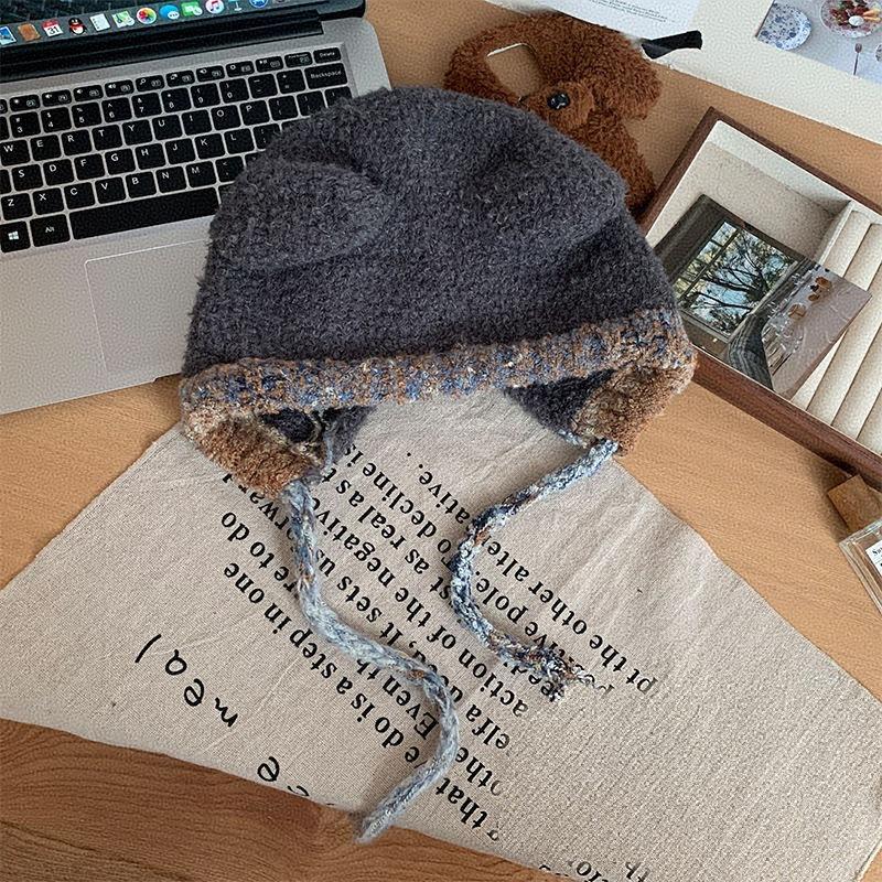 

2025 new mixed color strap bear ears plush hat women s winter warm ear protection knitted wool hat pullover hat One size fits all