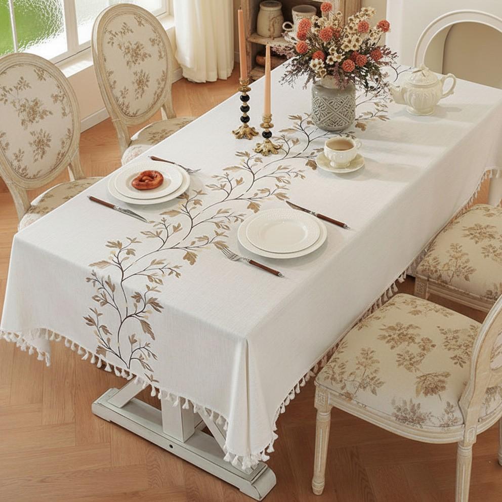 European pastoral embroidery tablecloth, embroidery craft tassel edge rectangular coffee table cloth, waterproof dining table cloth