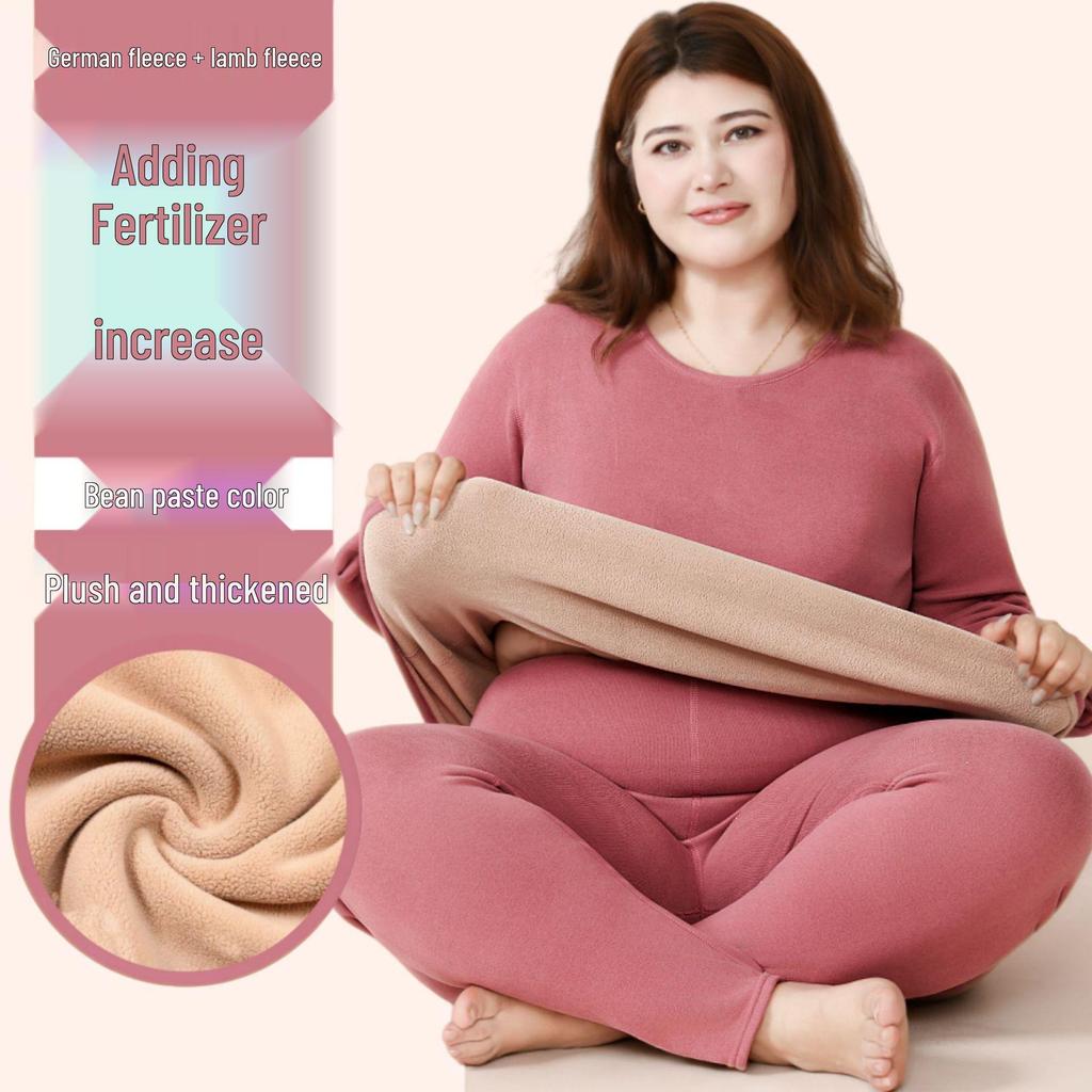 Women's Plus Size Fleece-Lined Lambswool Dralon Crew Neck Warm Underwear Set for Winter Cold Protection