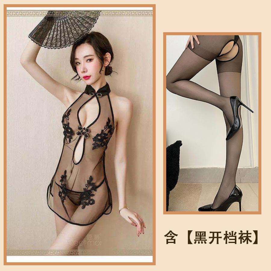Sexy Sexy Lace Slit Free Uniform Mesh Classical Embroidery Cheongsam Temptation Perspective Set