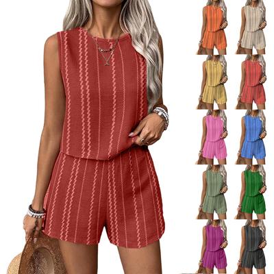 Women's Striped Print Tank Top and Shorts Set Casual 2-Piece Outfit