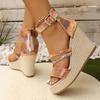 Laser Pink Narrow Band Sandals Women Round Toe Chunky Platform Wedge Heel Sandals Brand Design Ankle Strap Party Shoes