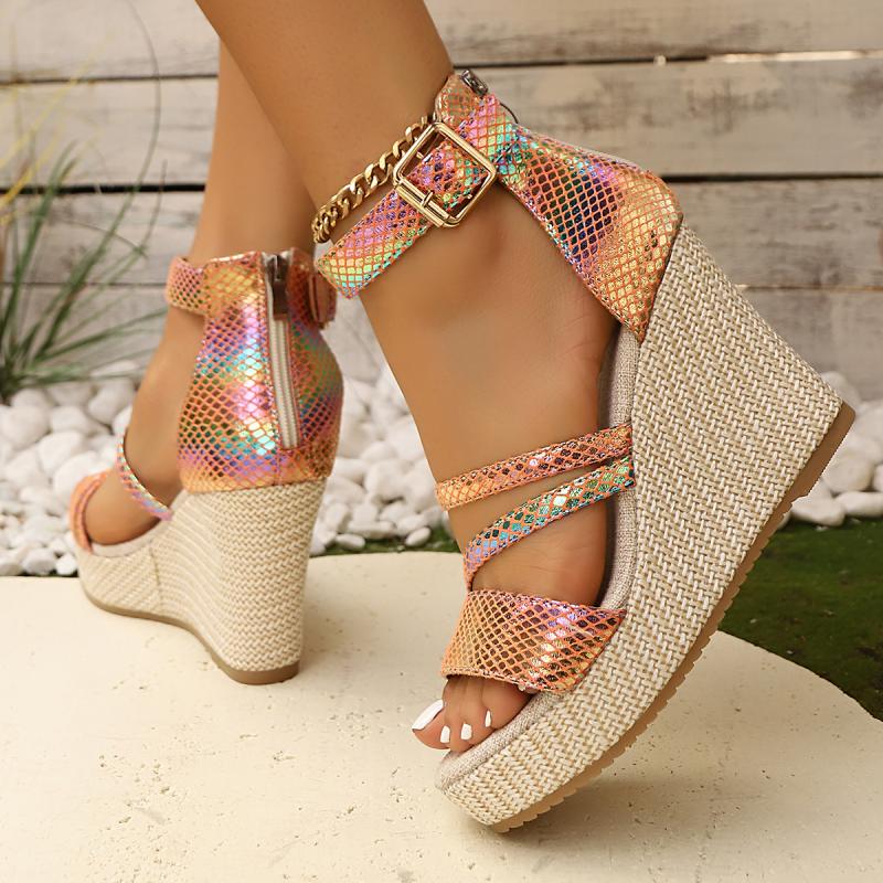 Laser Pink Narrow Band Sandals Women Round Toe Chunky Platform Wedge Heel Sandals Brand Design Ankle Strap Party Shoes
