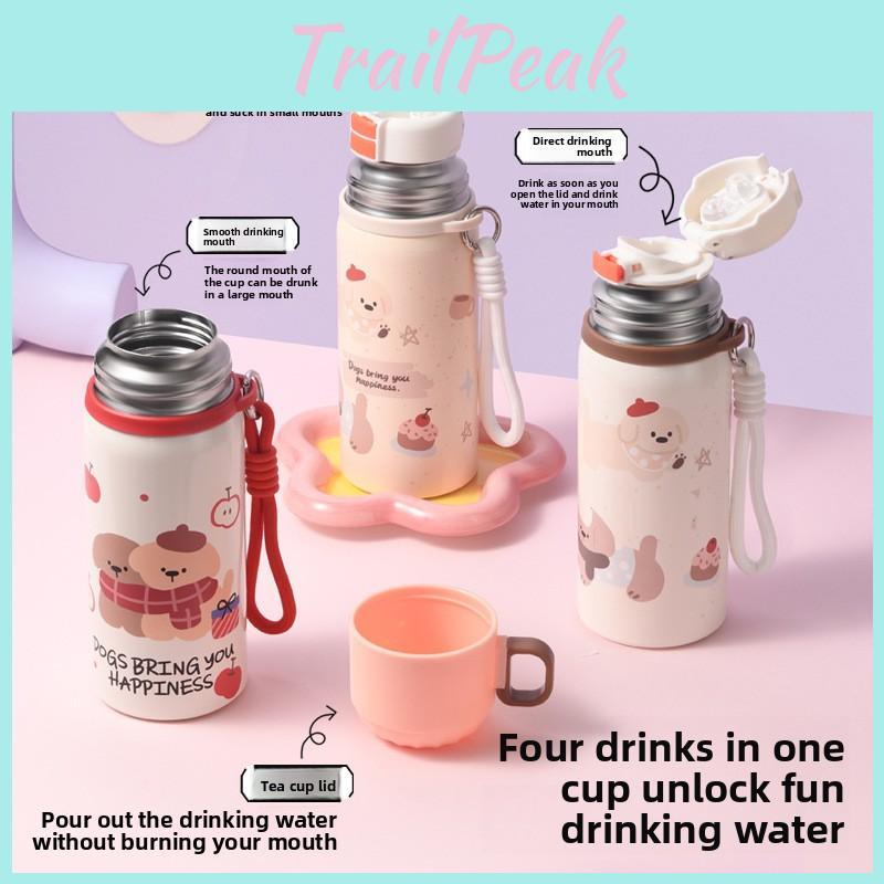 Cartoon Puppy Kids Insulated Water Bottle With Straw For Outdoor Travel And School Use