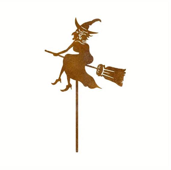 Bestselling Rustic Metal Flying Witch Statue with Broom – Retro Iron Garden Stake Ornament 30*18cm
