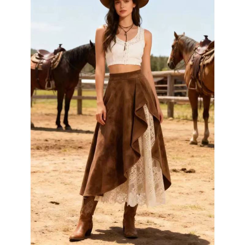 Vintage Western Leather Skirt With Lace Patchwork For Streetwear Fashion