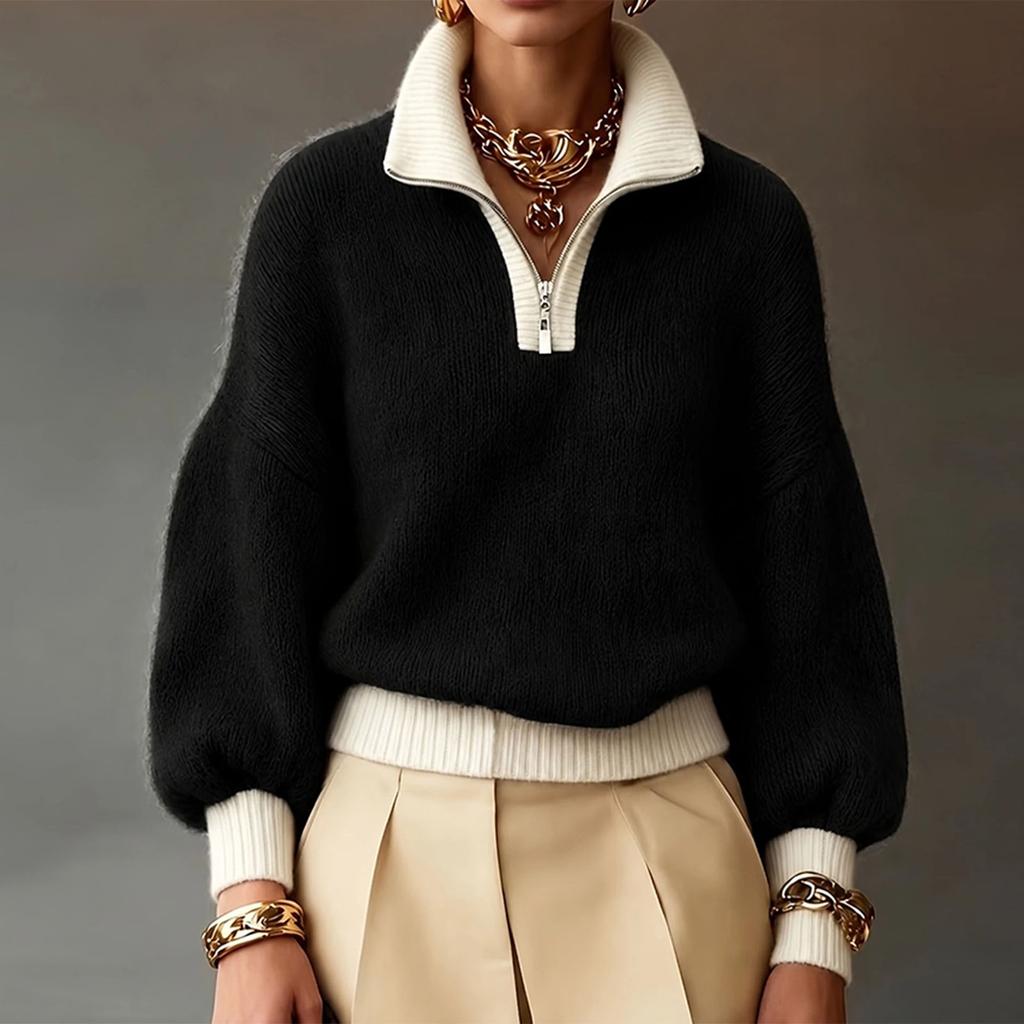 Women's Color Block Half-Zip Turtleneck Knit Sweater Top for Casual Wear